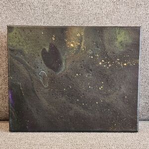 Golden Green Abstract Painting with Starry Accents